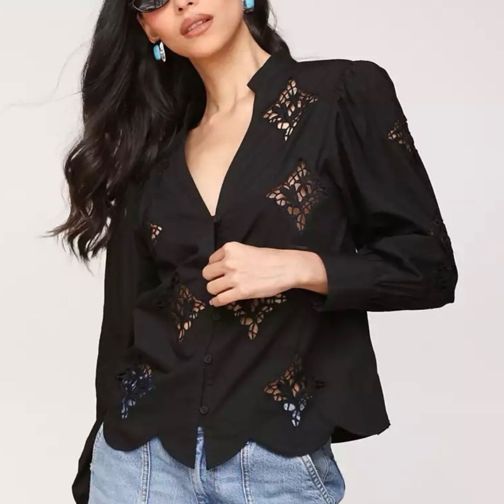 Avec Les Filles Puff Sleeve Crop Lace Scallop Black Cotton Blouse S NWT $119